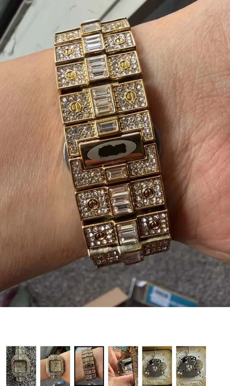 Iced Out Gold-Tone Square Wristwatch with 925 prongs. MENS LUXYRY WATCH